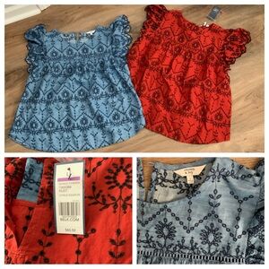 Crown & Ivy Cap Flutter Sleeve Chambray Embroidered Top Blue and Red Size L